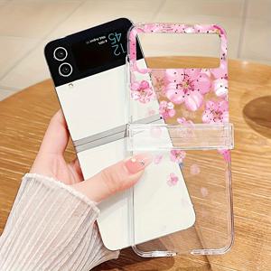 TEMU 삼성 갤럭시 Z 플립6 Z 플립5 5G Z 플립 4 Z 플립3 5G 핑크 꽃무늬 풀 프로텍션 케이스, 낙하 방지 충격 방지 투명 하드 PC 접이식 후면 커버