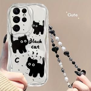 TEMU 갤럭시 S24 울트라용 투명 블랙 캣 귀여운 케이스, S25 울트라/ A15 보호 a52 세트, 크림 패턴 소프트 쉘 a54, A16-5G 휴대용 체인 포함, 비즈 장식 a55/a13-4G, 만화 캐릭터 S22/S22 울트라 창의적인 S23/A05s/S22/S23 플러스/S25/A34/A25 커버