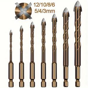 TEMU 7pcs 다목적 드릴 비트 세트, 텅스텐 스틸 포인팅 삼각형 디자인, 고경도, 타일, 유리, 콘크리트, 대리석, 목재, 스틸 플레이트 드릴링에 적합 - 크로스 헥스 샌크 홀 커터 및 확장 도구 상자, 크기 3-12mm