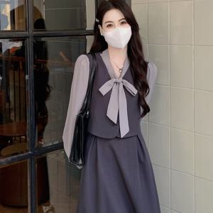 TEMU 여성용 대형 사이즈 우아한 V넥 컬러 블록 비대칭 밑단 핏 앤 플레어 미디 드레스, 폴리에스터, 스트레치되지 않음, 긴 소매, 벨트 없음, 플레어 밑단, 봄/가을용|빅사이즈