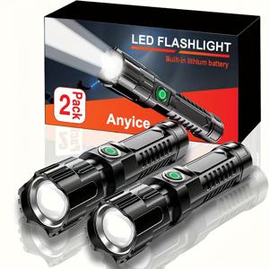TEMU 2개 울트라 LED 손전등 - 휴대용 USB 충전식 손전등, 야외 및 비상 사용에 완벽 (배터리 포함)