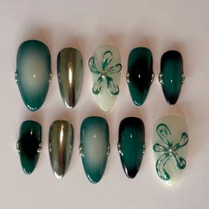TEMU 10pcs 세트 Y2K 손수 프레스 온 네일, 아몬드 모양 짧은 네일, 3D 꽃과 라인스톤 디자인, 젤리 글루 및 네일 파일이 있는, 여성과 소녀들을 위한, 광택이 있는 혼합 색조