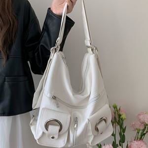 TEMU 스타일리시 화이트 합성 가죽 토트백 조절 가능한 스트랩 및 지퍼 포켓 포함 - 대용량 여성용 컨버터블 숄더백 & 백팩, 출퇴근이나 일상 사용에 완벽함