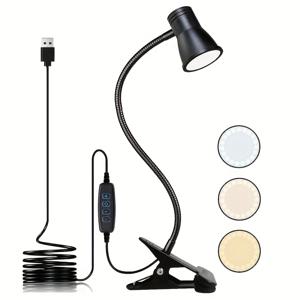 TEMU 1pc WONGIRL 360° 조절 가능한 USB-Powered Clip-On 책상 램프, 3가지 색온도 설정, 조절 가능한 푸시 버튼 제어, 독서, 침대 옆 및 공예용 유연한 목 - 플라스틱, 우주 주제, 배터리 없음, 공예용 LED 조명