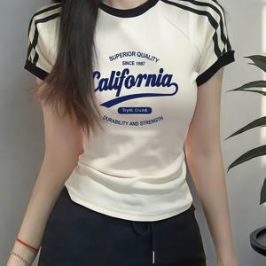 TEMU 봄과 여름, 네 줄무늬, 여성용 반팔 티셔츠, 프론트 프린트, 핫 스타일, 패션 청소년 모델, 세련된 디자인 탑