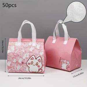 TEMU 50pcs 카툰 고양이 선물 가방 - 핑크 & 화이트 테마, 두꺼운 보온 보냉 비섬 토트 백, 자체 접착 봉지, 파티, 결혼식 및 더 많은 강력한 손잡이, 귀여운 가방|토트백