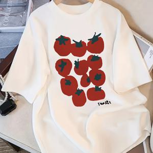 TEMU 여성용 캐주얼 토마토 프린트 미드 레인지 티셔츠 - 루즈핏, 크루넥, 반팔, 여름 상의, 폴리에스터, 화이트 & 빨간 토마토 디자인|반팔티|티셔츠|반팔티셔츠