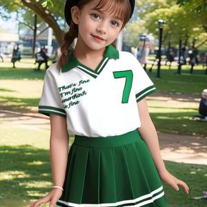 TEMU 여아용 프린트 반팔 셔츠와 주름 스커트 세트, 학교 교복 스타일