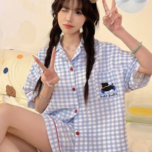 TEMU 여성용 귀여운 판다 프린트 반팔 파자마 세트 - 폴리에스터, 봄/여름, 완벽한, 성인용, 캐주얼 웨어러블 파자마, 캐주얼 웨어 파자마 | 재미있는 디자인 | 폴리에스터 원단, 귀여운 파자마|잠옷|파자마|여름잠옷