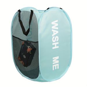 TEMU 1개 접이식 세탁 바구니 이중 칸막이 포함 - 'WASH ME' 및 'LAUNDRY' 프린트 패브릭 햄퍼, 손잡이가 있는 접을 수 있는 옷통, 기숙사 및 가정용 정리함(검정 & 회색), 기숙사 방 정리함 | 실용적인 보관 솔루션 | 휴대 가능한 저장 옵션, 세탁 바구니|빨래바구니