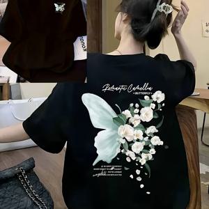 TEMU 양면 나비 프린트 반팔 티셔츠, 캐주얼 반팔 - 폴리에스터 소재, 여름을 위한 완벽한 여성 패션 - 부드럽고 통기성이 좋음, 일상적인 캐주얼 의상