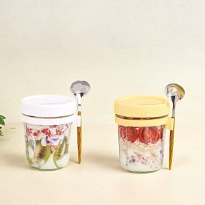 TEMU 2개 350ml/12.32온스 유리 컵, 스푼과 함께 오버나이트 오트 컵, 아침 컵, 휴대용 유리 샐러드 재스, 요거트 컵