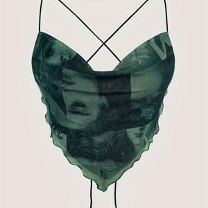 TEMU 우아한 꽃 무늬 메쉬 반대 투피, 95% 폴리에스터 5% 엘라스탄, 올 시즌 니트 소재 슬링백 드로스트링, 90gsm 안감, 사이즈 S-XL