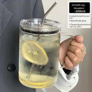 TEMU 1개 33.81oz 헤비듀티 유리 물주전자 뚜껑 & 빨대 포함 - 아이스 커피, 물 및 음료에 이상적 - 사계절 내내 스타일리시한 음료용기, 커플 선물로 완벽함