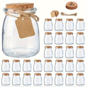 TEMU 코르크 뚜껑이 있는 미니 유리 요구르트 병 20/30개 세트 - 사탕, 푸딩, 꿀용 100ml 재사용 가능한 둥근 용기 - 결혼식 선물 및 기념품을 위한 라벨과 끈 포함, 선물 포장용 병 | 천연 코르크 뚜껑 | 투명한 유리병