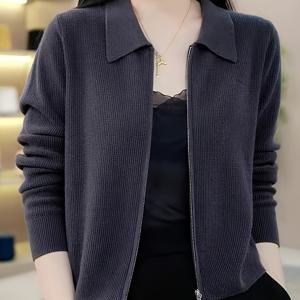 TEMU 여성용 시크한 지퍼 카디건 - 캐주얼 긴 소매, 단색, 리브드 텍스처, 봄/가을 패션, 블랙 라인, 오픈 프론트, 벨트 없음, 캐주얼 착용|지퍼 카디건|건설, 스웨터 카디건