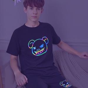 TEMU 1세트 청소년 어두운 곳에서 빛나는 파자마 세트, 캐주얼 폴리에스터 니트 크루 넥 티셔츠와 동물 무늬 반바지, 편안한 탄성 홈 웨어 봄/여름/가을, 스트리트 스타일 INS 패션