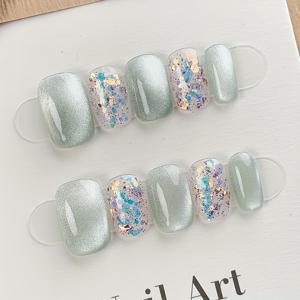 TEMU 캐주얼하고 심플한 10pcs 짧은 사각 핸드메이드 프레스온 네일 키트, 컬러풀 & 화이트 풀 커버리지 인조 손톱, 싱이 워터 슬리브, 탈착 가능 및 재사용 가능, 젤리 글루 1개 & 네일 파일 1개 포함, 여성용 데일리/오피스용