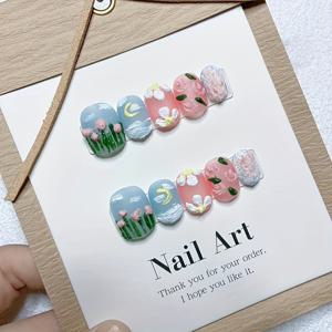 TEMU 10Pcshandmade 네일 착용, 석영 접착제 Frosted, 손그림 오일 페인팅, 도파민 달빛 꽃, 화이트 클라우 네일 아트, 봄과 여름 흰색, 네일