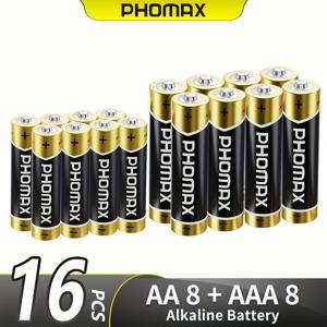 TEMU PHOMAX AA8 + AAA8개 알카라인 배터리 1.5V, LR6+LR03 조합 세트 총 16개, 강력한 전원, 이중 전원, 더 내구성 있음. 마이크, 알람 시계, 가정용 지문 잠금장치, 호텔 비밀번호 잠금장치, 스마트 도어락, 계산기, 마우스, 리모컨 등에 적합합니다. AA16 + AAA16 알카라인 배터리 1.5V. 배터리를 충전하지 마세요