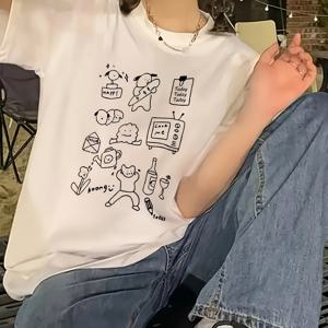 TEMU 남성과 여성을 위한 블랙 라인 만화 캐릭터 프린트 티셔츠, Y2K 스타일, 크루 넥, 폴리에스터와 스판덱스 블렌드, 드롭 숄더 슬리브, 긴 길이, 반팔, 봄/여름 컬렉션, 애플리케이드 디테일, 풀오버 플랙, H 핏, 루즈 핏, 니트 소재, 200g/m² 소재 무게
