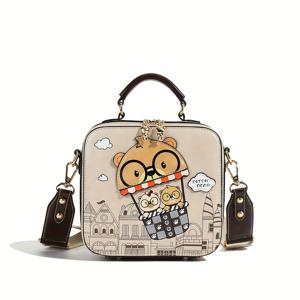TEMU 여성용 귀여운 곰 프린트 크로스바디 백 - 캐주얼 스타일, 조절 가능한 스트랩, 지퍼 잠금, 폴리에스터 안감, 만화 캐릭터가 있는 재미있는 디자인|크로스백