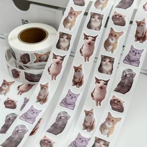 TEMU 1000장 고양이 밈 스티커 롤 - 귀여운 카툭 얼굴, 매트 마감 접착 테이프, 노트북·일기장·DIY 공예용 화이트 플라스틱 장식 테이프, 재미있는 문구류 액세서리