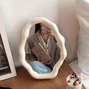 TEMU 귀여운 크림색 내구성 메이크업 거울 1개 - 휴대용 데스크탑 화장 거울, 광택 유리, 배터리 필요 없음, 침실, 사무실, 거실을 위한 장식적인 미적 가치