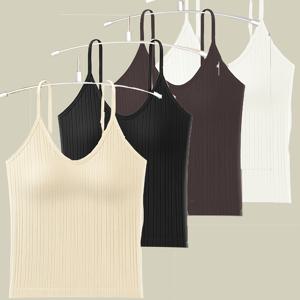 TEMU 4pcs 여성용 패드 내장 V넥 리브 탱크탑 - 이음매 없는 슬림핏 쉐이퍼웨어, 얇은 스트랩 & 비침 방지 원단 레이어링, 섹시한 백리스 탑 블랙/브라운/베이지/화이트, 일상 란제리, 우아한 란제리, 편안한 착용감|란제리|캡나시
