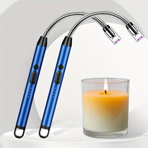 TEMU 2pcs 충전식 USB 라이터, LED 배터리 디스플레이, 방풍 롱 아크 및 360° 유연한 목 - 캠핑, 바베큐, 그릴, 화덕, 스토브용 자동 차단 안전 잠금 - 파란색, 내구성 있는 점화 라이터