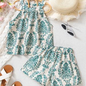 TEMU 2pcs 귀여운 할터 넥 플로럴 투피스 세트 - 슬리브리스 탑 & 반바지, 편안한 여름 의상, 우아한 청록색 & 흰색 플로럴 패턴, 캐주얼 일상 착용, 캐주얼 착용|재미있는 프린트|스트레치 소재, 어린이 의류, 야외용
