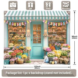 TEMU 1개, 7x5피트/8x6피트/10x8피트, 봄 이스터 블루 플라워 상점 폴리에스터 사진 배경, 따뜻한 조명 컬러풀 토끼 깃발 이스터 에그 사진 배경 태피스트리, 토끼 백합 튤립 화이트 로즈 실내외 가족 휴일 파티 배너 장식, 축하 및 축제 사진 부스 스튜디오 소품, 생일 케이크 테이블 용품 방 장식, 네 모서리에 구멍이 뚫려 있어 쉽게 걸 수 있음