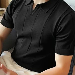 TEMU 남성용 단색 패턴 니트 반팔 V넥 라펠 스포츠 셔츠, 여름 골프 웨어 및 야외 활동을 위한 캐주얼하고 세련된 스타일|골프웨어