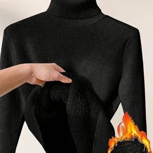 TEMU 우아한 베이지 터틀넥 스웨터, 플러시 트림 - 따뜻한 긴팔 풀오버, 비스코스 & 나일론 혼방, 가을/겨울에 완벽함