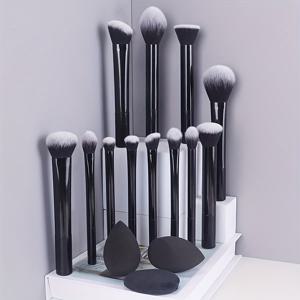 TEMU 12pcs 블랙 멀티 기능 풀 메이크업 세트, 여유로운 파우더 브러시, 블러시 브러시, 폰드 브러시, 아이 쉐도우 브러시, 블렌딩 브러시, 컨투어 브러시, 슈퍼 디테일하고 비착착 + 1pc 경사 미용 계란, 1pc 원형 미용 계란, 1pc 블랙 파우더 퍼프