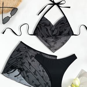 TEMU 단색 나비 어플리케 3피스 수영복, 삼각 넥밴드 여성 패션 수영복 및 의류