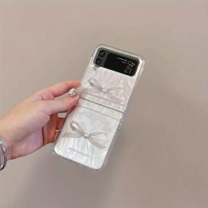 TEMU 삼성 갤럭시 Z 플립 3 Z 플립 4 Z 플립 5 Z 플립 6 풀 커버 케이스용 3D 진주 리본 팔찌 란야드