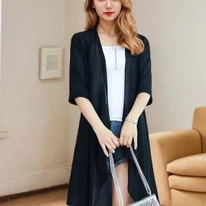 TEMU 여성용 우아한 롱 쉬폰 가디건 - 가벼운, 반투명, 빨간색 오픈 프론트 키모노, 비대칭 밑단, 3/4 소매, 봄용 루즈핏, 캐주얼하고 스타일리시, 편안한 착용감 | 루즈한 실루엣 | 흐르는 드레이프, 키모노 가디건|가디건