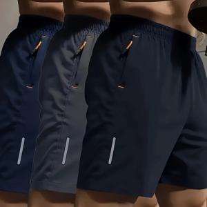 TEMU 3pcs 남성용 초경량 퀵 드라이 운동 반바지 - 남해색, 통기성이 좋은 폴리에스터/스판덱스 블렌드, 지퍼 디테일, 포켓 및 신축성 있는 허리띠, 달리기, 체육관, 해변 및 야외 활동에 이상적, 체육관 반바지
