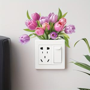 TEMU 1pc 밝은 핑크 튤립 벽 스위치 장식 스티커 - 현대적인 꽃 디자인으로 거실, 침실, 에어컨 제어 패널을 장식할 수 있는 자체 접착식 세라믹 벽 예술, 침실 벽 예술 | 현대 벽 장식 | 쉽게 설치할 수 있는 스티커, 벽 장식