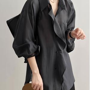 TEMU 여성용 경량 여름 태양 보호 셔츠 - 캐주얼 단색, 루즈핏, 3/4 소매, 폴리에스터, 쉬운 관리, 해변 및 야외 활동에 적합, 태양 보호 의류 | 편안한 핏 셔츠 | 폴리에스터 원단