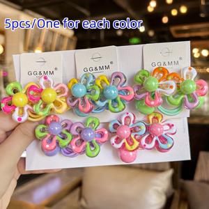 TEMU 5pcs 컬러풀한 꽃무늬 아크릴 헤어 타이 - 귀여운 비즈 포니테일 홀더, 고유한 탄성 헤어 밴드, 다양한 파스텔 디자인으로, 귀여운 헤어 액세서리, 귀여운 헤어 액세서리