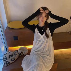 TEMU 레이스 망사 레이어드 슬립 원피스 화이트 미디 시스루 여름룩 PDDCG-61