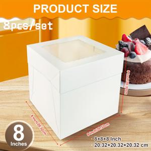TEMU 8세트 케이크 박스와 보드, 창문이 있는 다층 케이크 박스 세트, 화이트 박스, 대형 베이킹 박스, 선물용 정사각형 판지 케이크 박스 케이크 장식 용품
