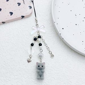 TEMU 리본이 달린 수제 귀여운 플러시 고양이 폰 참, 비즈 장식 동물 펜던트, 금속 소재