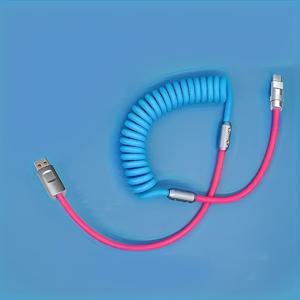 TEMU 아연 합금 USB-C 120W 초고속 충전 스프링 케이블, 길이 조절 가능, 원형 디자인, 나일론 브레이드, 매트 마감, 남성-남성 커넥터, 데이터 전송, 샤오미 14/15, 삼성 S22 S23, 아이폰 15, 태블릿, 야외 사용용|태블릿