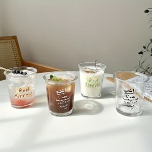 TEMU 4pcs 절연 유리 텀블러, 문자 프린트, 손세탁 전용, 리드 프리, 재사용 가능한 원형 유리 컵, 커피, 주스, 콜드 브루, 열대 음료, 크리스마스, 할로윈, 부활절, 한ук카, 추수감사절에 다용도로 사용할 수 있습니다.|텀블러