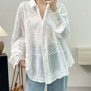 TEMU 여성용 화이트 레이스 만다린 칼라 블라우스, 긴팔 - 루즈핏, 버튼업, 레이온 블렌드, 봄/가을, 캐주얼 외출, 캐주얼 착용|레이스 디테일|니트 원단