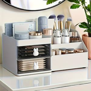 TEMU 1pc 귀여운 및 아름다운 데스크톱 보관함, 토끼 서랍 보관함, 흰색 화장품 주최자 카운터탑 보관함 디스플레이 보관함, 다기능 사무실 보관함, 화장품에 적합