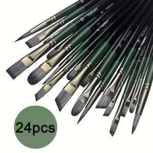 TEMU 24pcs 전문가 페인트 브러시 세트 오일, 아크릴, 워터 컬러, 과카, 페인팅 - 라운드, 필버트, 플랫 및 앵글어를 포함한 다양한 모양, 쉽게 청소할 수 있으며, 및 초보자에게 이상적인 고품질입니다.